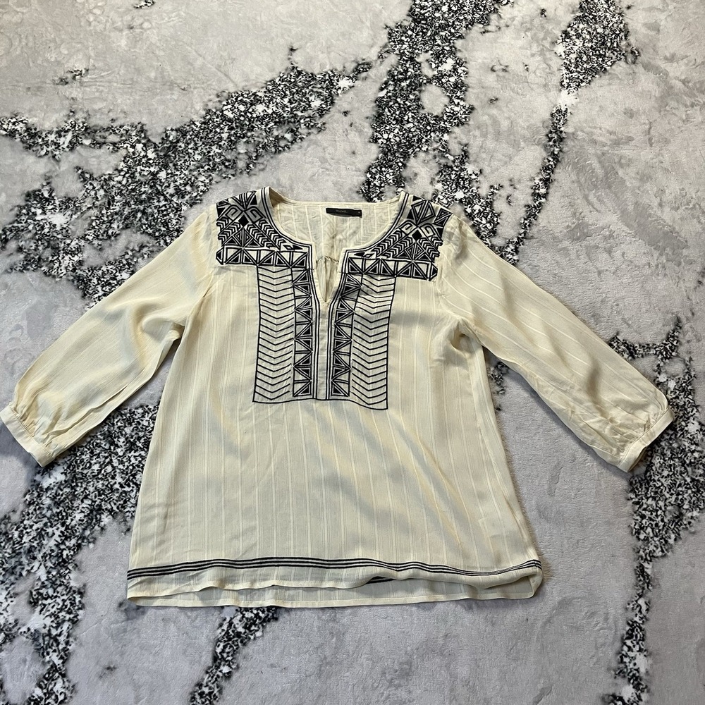 Ivory Embroidered Blouse Womens Size M Boho Peasant Top Tunic THML